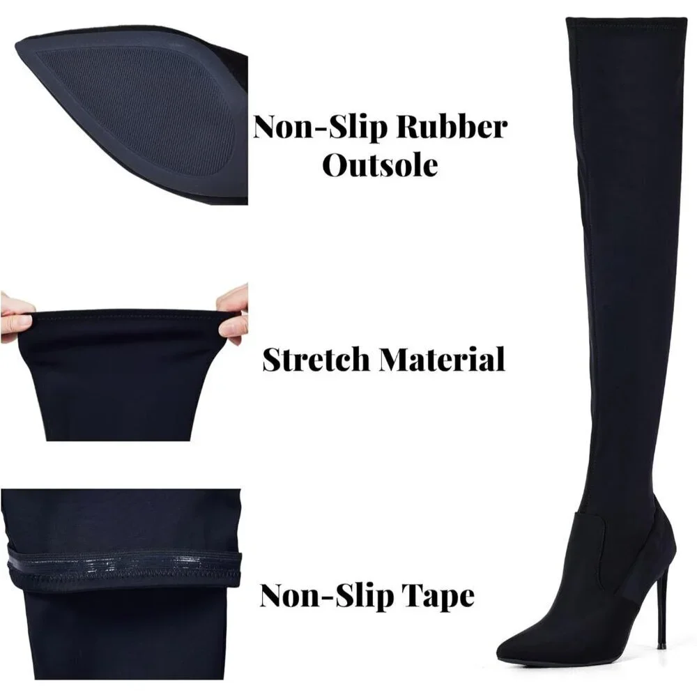 Women Black Neoprene Suede Pointed Toe 4.3 inch Stilettos Thigh High Heels Boots